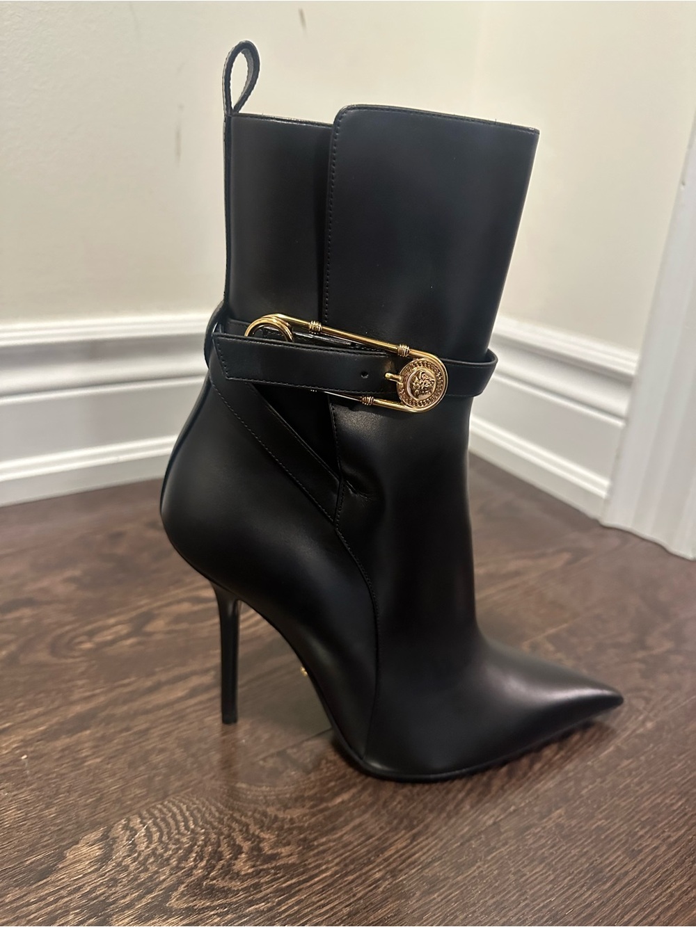 Versace Black Leather Safety Pin Boots — Brand New / Never Worn